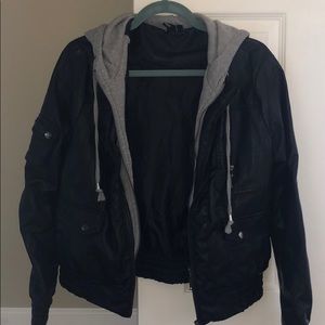 Black leather jacket with sweatshirt hood